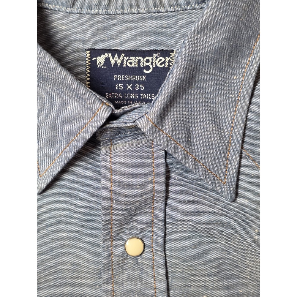Vintage Wrangler Pearl Snap Chambray Shirt X-Long Tail 15X35 RARE HORSE LOGO USA